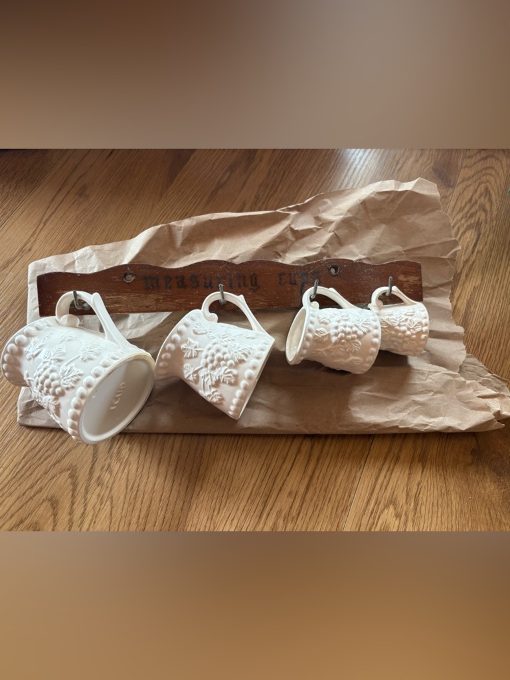 Vintage White Mini Pitcher Embossed Grapes Measuring Cup Set on Wood Hook Rack